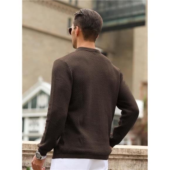 Mens Knit Polo Sweater Long Sleeve Lightweight Collared Pullover Casual - Picture 3 of 4